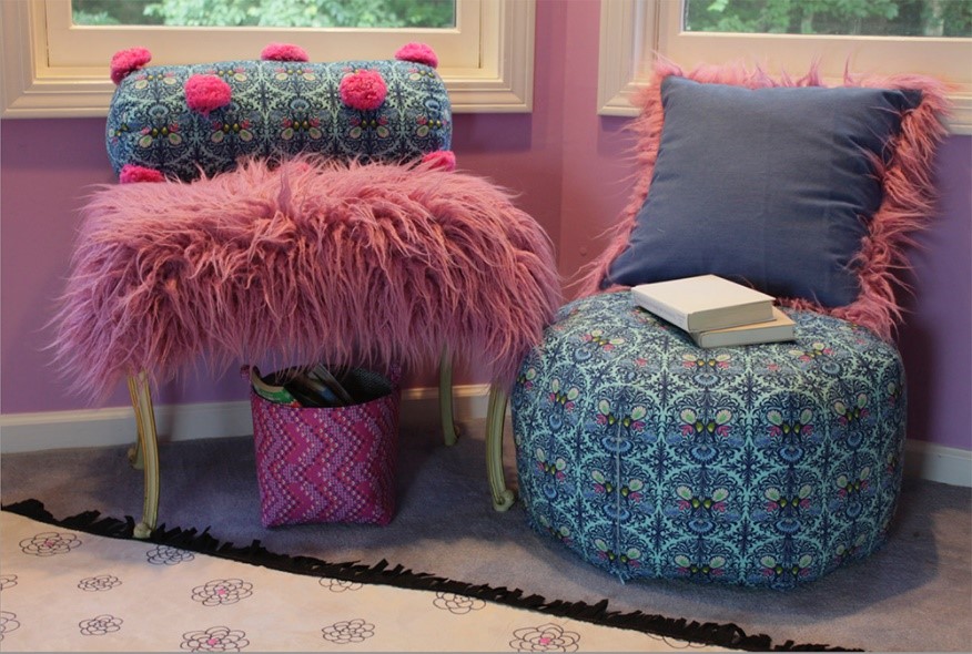 Fairfield Boho Bedroom with Shannon Fabrics faux fur bench and throw pillow