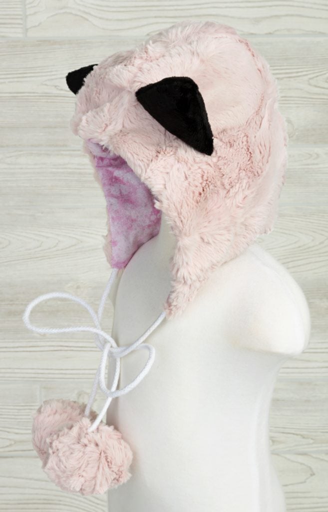 Luxe Cuddle Hide Rosewater Cat Hat with pom poms on strings