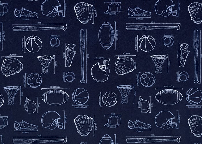 We offer minky plush fabric in a variety of sports themes, including baseball, soccer, volleyball, football and basketball - or a combination of several in the same print like we have here in “Playbook”.